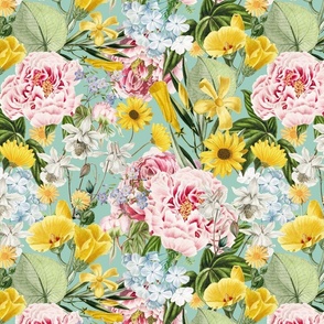 Moody Maximalism: Enchanting Spring and Summer Romance with Vintage Florals, Peonies, Columbines  Nostalgic Blue Wildflowers, Antiqued Garden, and Victorian Mystic -Inspired Powder Room Wallpaper turquoise