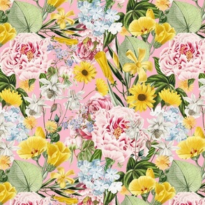 Moody Maximalism: Enchanting Spring and Summer Romance with Vintage Florals, Peonies, Columbines  Nostalgic Blue Wildflowers, Antiqued Garden, and Victorian Mystic -Inspired Powder Room Wallpaper pink