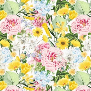 Moody Maximalism: Enchanting Spring and Summer Romance with Vintage Florals, Peonies, Columbines  Nostalgic Blue Wildflowers, Antiqued Garden, and Victorian Mystic -Inspired Powder Room Wallpaper white