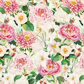 Moody Maximalism: Enchanting Spring and Summer Romance with Vintage Florals,Pink Peonies,White Lilies, Camellias, Nostalgic Wildflowers, Antiqued Garden, and Victorian Mystic -Inspired Powder Room Wallpaper white 