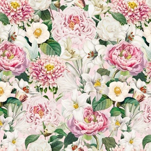 Moody Maximalism: Enchanting Spring and Summer Romance with Vintage Florals,Pink Peonies,White Lilies, Camellias, Nostalgic Wildflowers, Antiqued Garden, and Victorian Mystic -Inspired Powder Room Wallpaper blush pink