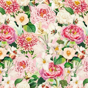 Moody Maximalism: Enchanting Spring and Summer Romance with Vintage Florals,Pink Peonies,White Lilies, Camellias, Nostalgic Wildflowers, Antiqued Garden, and Victorian Mystic -Inspired Powder Room Wallpaper sepia pink