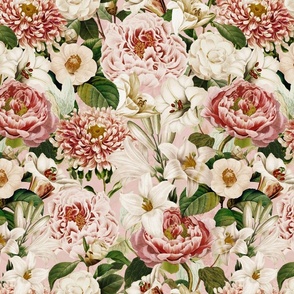 Moody Maximalism: Enchanting Spring and Summer Romance with Vintage Florals,Pink Peonies,White Lilies, Camellias, Nostalgic Wildflowers, Antiqued Garden, and Victorian Mystic -Inspired Powder Room Wallpaper sepia blush