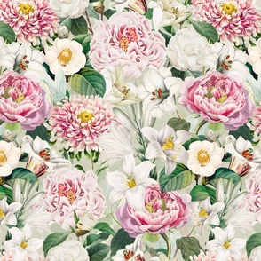 Moody Maximalism: Enchanting Spring and Summer Romance with Vintage Florals,Pink Peonies,White Lilies, Camellias, Nostalgic Wildflowers, Antiqued Garden, and Victorian Mystic -Inspired Powder Room Wallpaper green