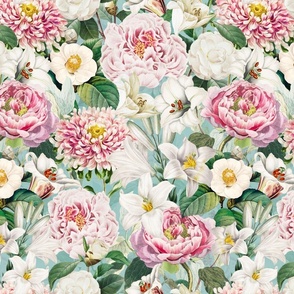 Moody Maximalism: Enchanting Spring and Summer Romance with Vintage Florals,Pink Peonies,White Lilies, Camellias, Nostalgic Wildflowers, Antiqued Garden, and Victorian Mystic -Inspired Powder Room Wallpaper turquoise