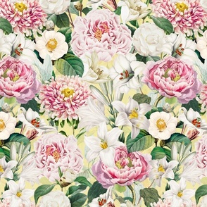 Moody Maximalism: Enchanting Spring and Summer Romance with Vintage Florals,Pink Peonies,White Lilies, Camellias, Nostalgic Wildflowers, Antiqued Garden, and Victorian Mystic -Inspired Powder Room Wallpaper yellow