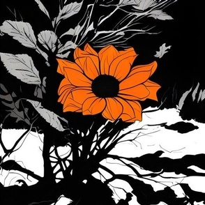 Orange Flower Illustration on Black and White Forest Backdrop | Noir Art