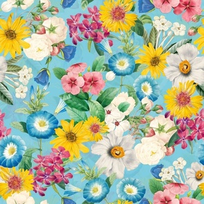 Moody Maximalism: Enchanting Spring and Summer Romance with Vintage Florals,White Roses ,Blue Climbers,Nostalgic Pink Wildflowers, Sunflowers, Antiqued Garden, and Victorian Mystic-Inspired Powder Room Wallpaper turquoise  double layer