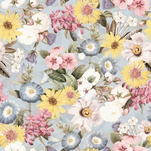 Moody Maximalism: Enchanting Spring and Summer Romance with Vintage Florals,White Roses ,Blue Climbers,Nostalgic Pink Wildflowers, Sunflowers, Antiqued Garden, and Victorian Mystic-Inspired Powder Room Wallpaper light blue  double layer