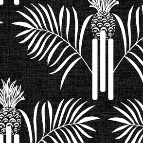 Large art deco pineapple and palm leaf geometric scallop with a linen texture on a charcoal black ground.