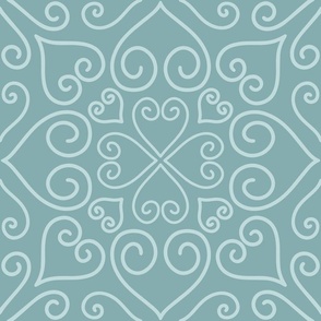 L - Blue Heart Mandala - Duck Egg tiled geometric vintage damask swirls