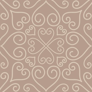 L - Brown Heart Mandala - Taupe tiled geometric vintage damask swirls