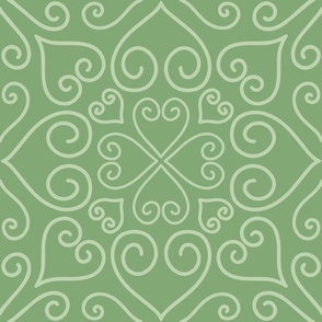 L - Green Heart Mandala - Sage Matcha tiled geometric vintage damask swirls