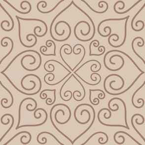 L - Latte Heart Mandala - Brown tiled geometric vintage damask swirls