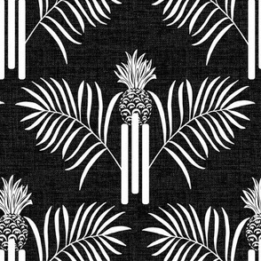 Medium scale art deco pineapple and palm leaf geometric scallop with a linen texture on a charcoal black ground.