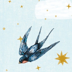 Largest Sky blue hand drawn swallow blue birds with clouds and whimsical stars 