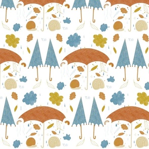 Small  Earthy Boho Autumn Rain Half drop with Snails, Rainbows, Clouds and Umbrellas in ochre yellow, brown, and blue