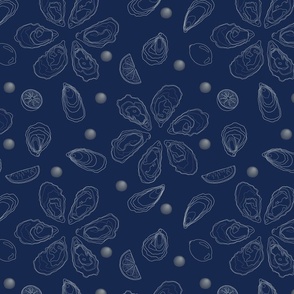 Half a dozen Oysters with lemons and pearls drawn in delicate lineart – offwhite lines with dark blue background – large (L) scale – marine-inspired monochromatic with a sense of luxury and sophistication for textiles and wallpaper 