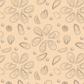 Half a dozen Oysters with lemons and pearls drawn in delicate lineart – black lines with a blush peach background – large (L) scale – marine-inspired monochromatic with a sense of luxury and sophistication for textiles and wallpaper 
