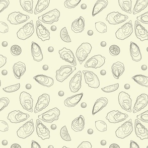 Half a dozen Oysters with lemons and pearls drawn in delicate lineart – black lines with light yellow background – large (L) scale – marine-inspired monochromatic with a sense of luxury and sophistication for textiles and wallpaper 