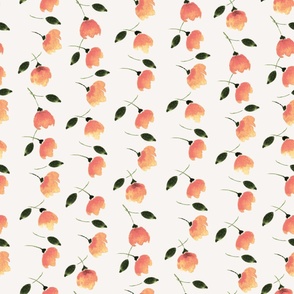 Watercolor Peach Pink flowers in White-24" repeat