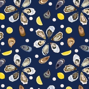 Half a dozen Oysters with lemons and pearls – dark blue background – large (L) scale – hues reminiscent of the ocean's depths exude an aura of sophistication and maritime elegance with a sense of luxury and sophistication for textiles and wallpaper