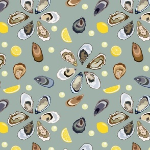 Half a dozen Oysters with lemons and pearls – pale green background – large (L) scale – hues reminiscent of the ocean's depths exude an aura of sophistication and maritime elegance with a sense of luxury and sophistication for textiles and wallpape