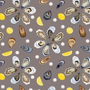 Half a dozen Oysters with lemons and pearls – grey brown background – large (L) scale – hues reminiscent of the ocean's depths exude an aura of sophistication and maritime elegance with a sense of luxury and sophistication for textiles and wallpape