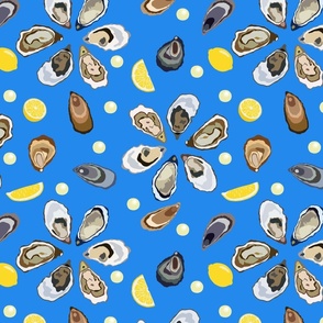 Half a dozen Oysters with lemons and pearls – bright blue background – large (L) scale – hues reminiscent of the ocean's depths exude an aura of sophistication and maritime elegance with a sense of luxury and sophistication for textiles and wallpap
