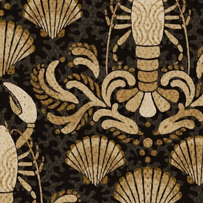 Lobster damask gold and charcoal black - medium scale