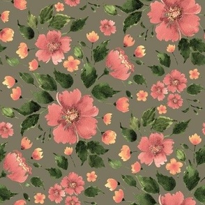 Watercolor Peach Pink Flowers in Olive Green - 24" repeat