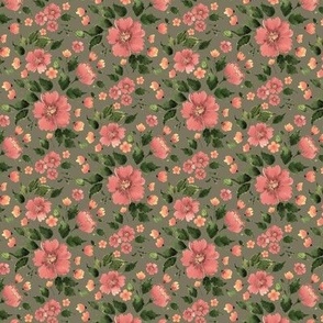 Watercolor Peach Pink Flowers in Olive Green - 11" repeat
