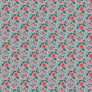 Watercolor Red Flowers in Light Teal - 11" repeat