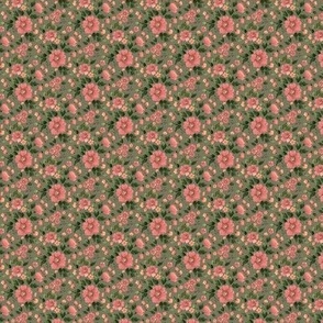 Watercolor Peach Pink Flowers in Olive Green - 5" repeat
