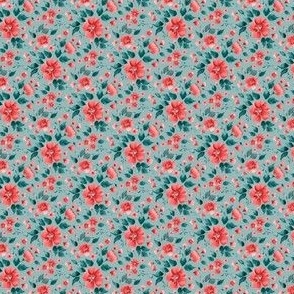 Watercolor Red Flowers in Light Teal - 5" repeat