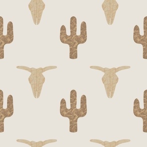 wallpaper with cow skulls and cactus in textured warm neutrals brown and tan