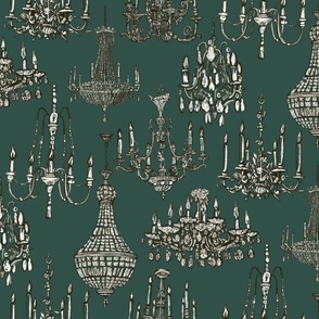 Antique crystal and gold chandeliers deep green background -medium 