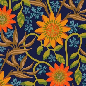 PASSION AND PARADISE Tropical Botanical Floral with Passion Flowers Birds of Paradise Heliconia in Warm Tropics Colours Orange Green Blue Brown - LARGE Scale - UnBlink Studio by Jackie Tahara