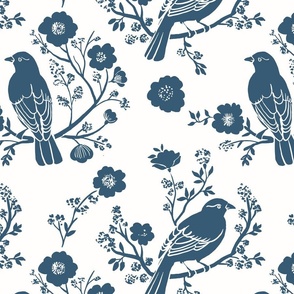 Bird Silhouettes with Floral Vignettes, Blue on Off-White
