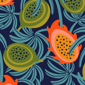 LILIKOI AND DRAGONFRUIT Exotic Tropical Fruit Botanical with Palm Leaves in Green Orange Yellow Blue - LARGE Scale - UnBlink Studio by Jackie Tahara