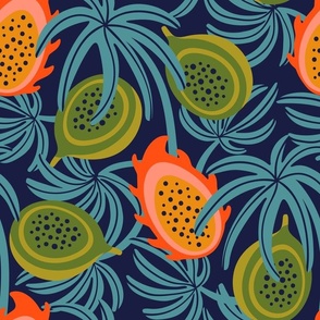 LILIKOI AND DRAGONFRUIT Exotic Tropical Fruit Botanical with Palm Leaves in Green Orange Yellow Blue - MEDIUM Scale - UnBlink Studio by Jackie Tahara