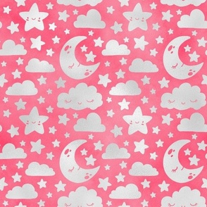 Smaller Little Pink Princess Baby Girl Nursery Sleepy Stars Moons Stars and Clouds