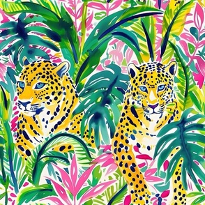 Leopards in preppy pink and green jungle