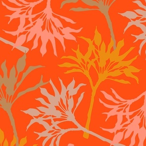 TOSSED TI Exotic Tropical Leafy Botanical Plants in Blush Yellow Cream on Orange - LARGE Scale  - UnBlink Studio by Jackie Tahara