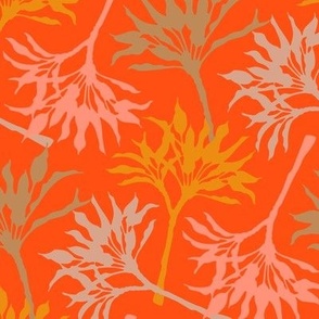TOSSED TI Exotic Tropical Leafy Botanical Plants in Blush Yellow Cream on Orange - SMALL Scale  - UnBlink Studio by Jackie Tahara
