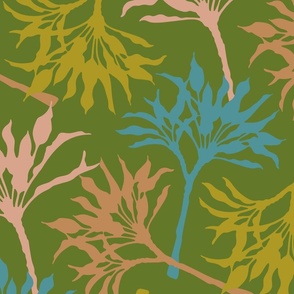 TOSSED TI Exotic Tropical Leafy Botanical Plants in Blue Beige Cream Lime Green on Leaf Green - LARGE Scale  - UnBlink Studio by Jackie Tahara