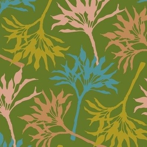 TOSSED TI Exotic Tropical Leafy Botanical Plants in Blue Beige Cream Lime Green on Leaf Green - SMALL Scale  - UnBlink Studio by Jackie Tahara