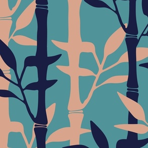 BAMBOO FOREST Tropical Plants Vertical Stripes in Cream Midnight Blue on Aqua Blue - LARGE Scale - UnBlink Studio by Jackie Tahara