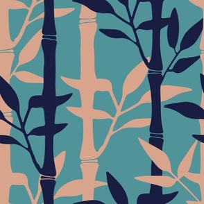 BAMBOO FOREST Tropical Plants Vertical Stripes in Cream Midnight Blue on Aqua Blue - MEDIUM Scale - UnBlink Studio by Jackie Tahara