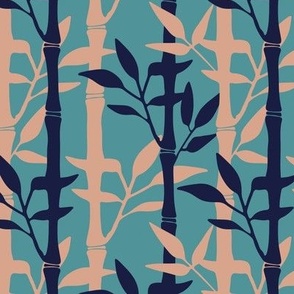 BAMBOO FOREST Tropical Plants Vertical Stripes in Cream Midnight Blue on Aqua Blue - SMALL Scale - UnBlink Studio by Jackie Tahara
